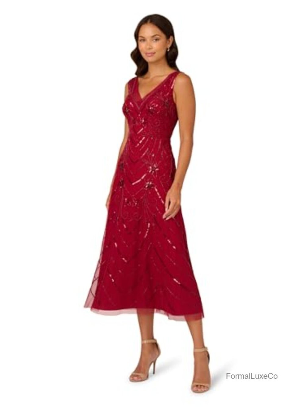 Adrianna Papell Beaded Mesh Midi Dress Sleeveless V-Neck A-Line Formal